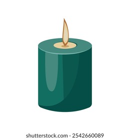 Green wax burning candle. Symbol of Christmas. Vector illustration on white background.