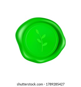 Green wax seal with branch. Wax seal stamp isolated on white background. Realistic guaranteed green stamp. Realistic 3d vector illustration.