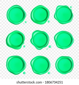 Green wax seal set. Wax seal stamp set with drops isolated on transparent background. Realistic guaranteed green stamps. Realistic 3d vector illustration