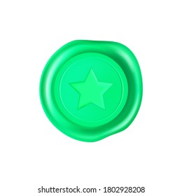 Green wax seal with star. Wax seal stamp isolated on white background. Realistic guaranteed green stamp. Realistic 3d vector illustration