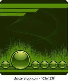 Green web background with grass and glossy buttons - vector