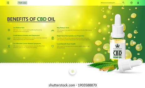 Banner verde web para sitio web con botella de vidrio de aceite de cbd, hoja de cáñamo y pipeta sobre el fondo de las gotas de aceite. Usos médicos para aceite de cbd, beneficios del uso de aceite de CBD.