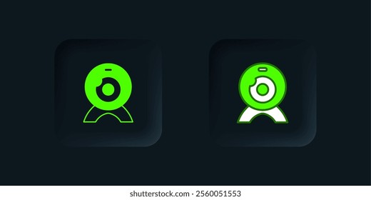 Green Web camera icon isolated on black background. Chat camera. Webcam icon. Black square button. Vector