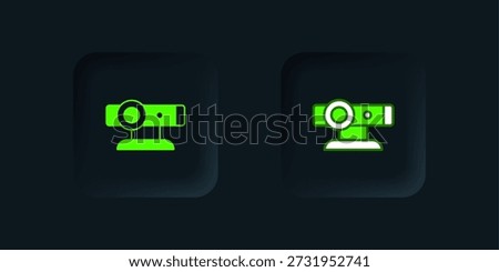 Green Web camera icon isolated on black background. Chat camera. Webcam icon. Black square button. Vector