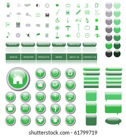 Green web template with icons, buttons, bars and chat bubbles.