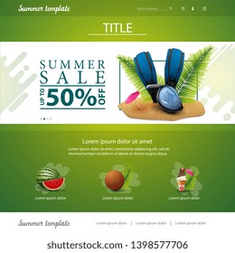 Green website interface template for summer discounts and sales with diving mask, fins and palm leaves