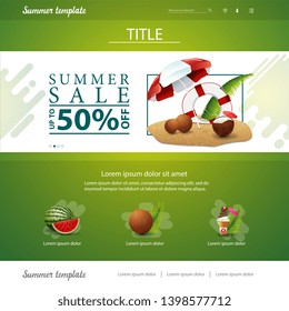 Green website interface template for summer discounts and sales with coconut cocktail, beach umbrella and lifeline