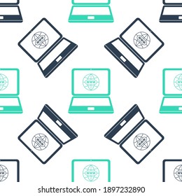 Sitio web verde en el icono de pantalla de un portátil aislado patrón sin fisuras sobre fondo blanco. Globo en la pantalla del símbolo del portátil. Símbolo de la web a nivel mundial. Vector.