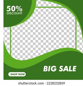 Green Website and Social Media Banners Template Collection, vector, big sale banner 50 percent off with big product image area organic shapes