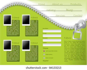 Green website template design with zipper and photos