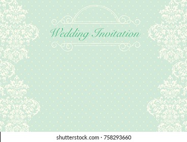 The green wedding invitation card background template with yellow dotted pattern and floral ornament