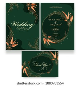 Green Wedding Invitation Card Set Decorated With Bronze Floral And Venue Details.