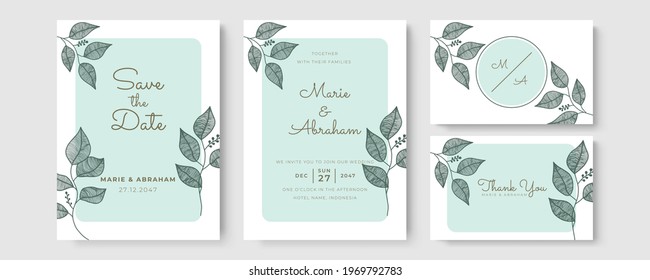 Green wedding invitation template. Set of card with foliage line art, botanical leaves. Wedding ornament concept. Floral poster, invite. Vector decorative greeting card or invitation design background