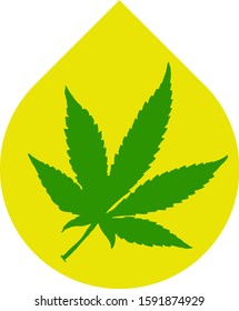 Green weed l leaf with yellow oil icon or logo.