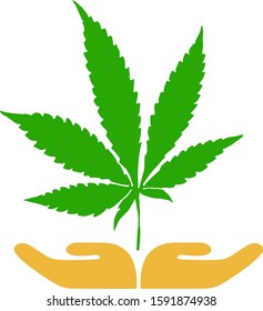 Green weed leaf with hand below icon or logo.