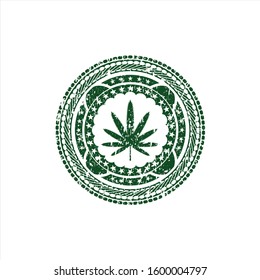Green weed leaf icon inside distress rubber grunge texture stamp