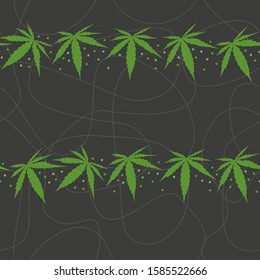 Green weed leaves seamless pattern with cannabis borders and abstract background.