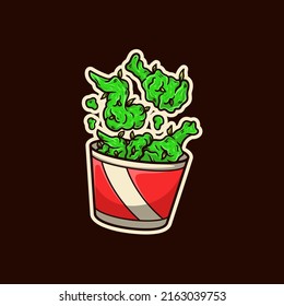 Green weed nuggets fall into chicken bucket vector illustration