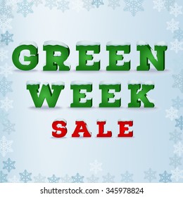 Green week sale inscription design template in 3d style on blue background with snowflakes. EPS 10 vector illustration