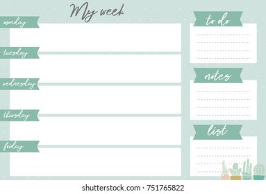 Green weekly planner with cactus, stationery organizer for daily plans, floral vector weekly planner template, schedules