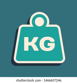 Green Weight icon isolated on blue background. Kilogram weight block for weight lifting and scale. Mass symbol. Long shadow style. Vector Illustration