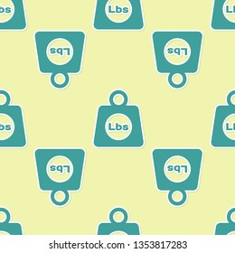 Green Weight pounds icon isolated seamless pattern on yellow background. Pounds weight block for weight lifting and scale. Mass symbol. Flat design. Vector Illustration