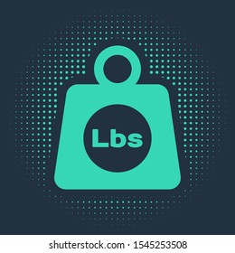 Green Weight pounds icon isolated on blue background. Pounds weight block for weight lifting and scale. Mass symbol. Abstract circle random dots. Vector Illustration