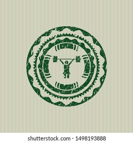 Green weightlifter girl icon inside distress rubber grunge stamp