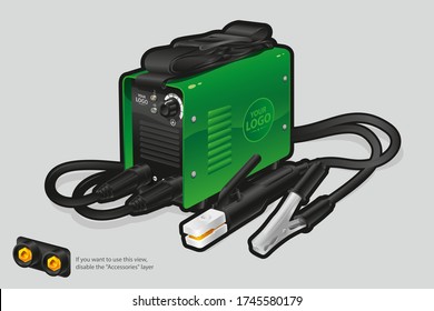 Green welding machine with carrying strap and welding accessories