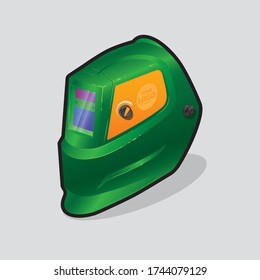 Green welding mask with an orange sticker on the side