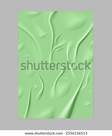 Green wet sheet of paper isolated on a gray background. Wrinkled texture. Small folds, soft relief on the surface of poster. Abstract decorative design element. Mockup. Template. Vector illustration.