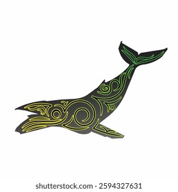 A green whale decorated with golden curved line patterns across its body. The design resembles traditional carvings, creating an artistic and natural impression.