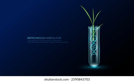 Green wheat rice seedling DNA helix structure neon polygonal in glass test tube. Biotechnology in cultivation agriculture industry. Plant growth genetic experiment scientific. Vector illustration.