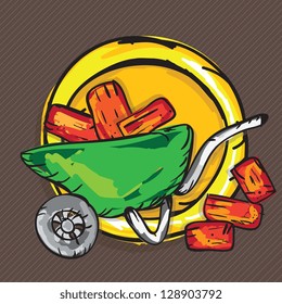 Green Wheelbarrow with bricks for construction. Vector illustration