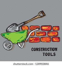 Green Wheelbarrow with bricks and shovel, for construction. Vector illustration