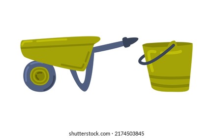 Green wheelbarrow and bucket. Gardening agricultural equipment cartoon vector illustration svg