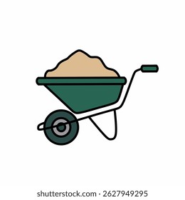 Green wheelbarrow carrying a pile of soil