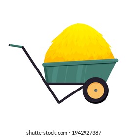 Green wheelbarrow with stack of hay, bale in cartoon style isolated on white background stock vector illustration. Agriculture work, harvest object. Rural, village carriage.