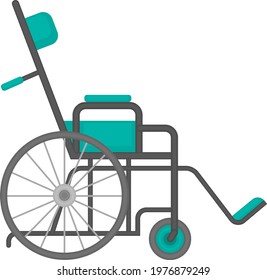 A green wheelchair for people with disabilities. A chair for special people. A chair for providing medical care and for moving around the hospital. Vector illustration isolated on white background.