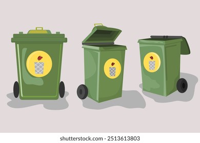 Green Wheeled Garbage Bin Cartoon Illustration Set