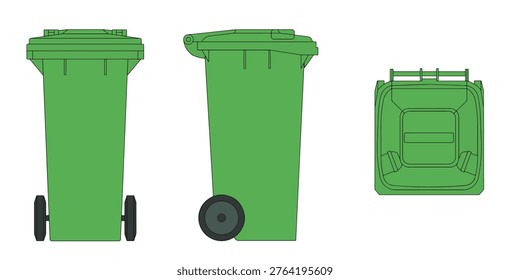 Green wheeled trash bin shown in front, side, and top views, featuring a hinged lid and two wheels for waste collection. Bin icon set. Trash can icon collection. Trash icons and delete button. Garbage bin symbol. Vector illustration.