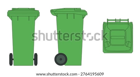 Green wheeled trash bin shown in front, side, and top views, featuring a hinged lid and two wheels for waste collection. Bin icon set. Trash can icon collection. Trash icons and delete button. Garbage bin symbol. Vector illustration.