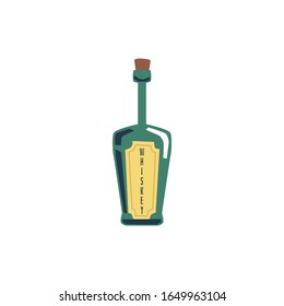 Green whiskey bottle isolated on white background - cartoon drawing of alcohol drink with yellow label and closed cap. Flat vector illustration of liquor beverage,