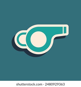 Green Whistle icon isolated on green background. Referee symbol. Fitness and sport sign. Long shadow style. Vector