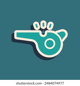 Green Whistle icon isolated on green background. Referee symbol. Fitness and sport sign. Long shadow style. Vector