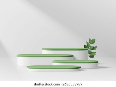 Fundo de pódio redondo 3D branco verde com folha verde, cena de parede natural vazia. Pedestal de maquete minimalista. Abstrato mostra do produto, Estágios para vitrine. Design vetorial de plataformas