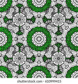 Green and white background with colorful elements. Oriental style arabesques. White textured curls. Vector white pattern.
