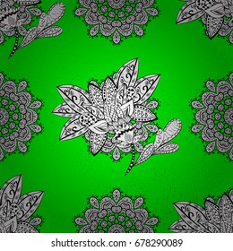Green and white background with elements. White pattern. Floral pattern. Vector white floral ornament brocade textile pattern.