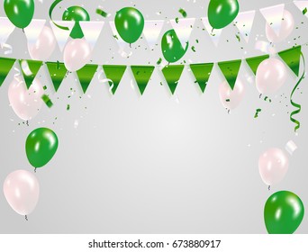 Green White balloons, confetti concept design 15 Indian Independence Day greeting background. Celebration Vector illustration