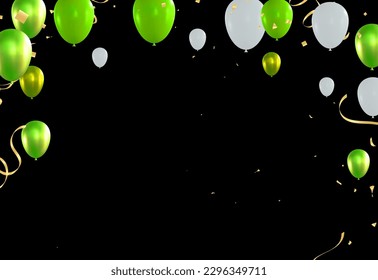 Green and white balloons with golden ribbons on black background. Vector illustration.